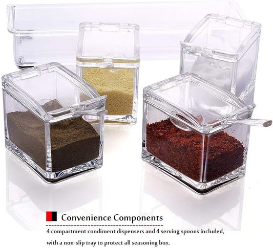 Clear Seasoning Rack Spice Pots by AIQI - 4 Piece Acrylic Seasoning Box - Storage Container Condiment Jars - Cruet with Cover and Spoon