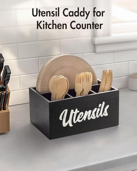 Silverware Caddy for Party with 4 Compartments, Wooden Kitchen Utensil Holder for Countertop, Picnic Utensils Storage Organizer, Plastic Cutlery Holder, Flatware Caddy for Spoon, Fork(Black)