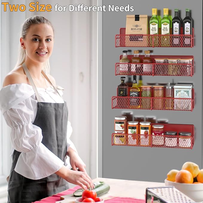 Magnetic Spice Rack for Refrigerator, 4 Pack Metal Magnetic Shelf, Super Magnetic Spice Organizer, Moveable Space Saving Shelves for Home, Durable Kitchen Organization and Storage Racks, Red