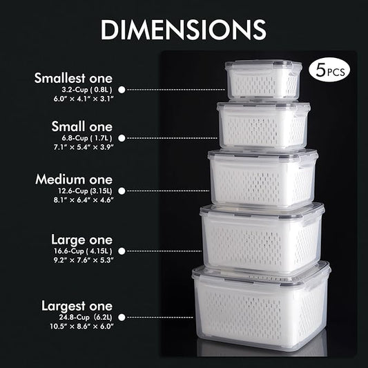 HOTEC 5pcs Large Fruit Storage Container with Removable Colander, Dishwasher & microwave safe Largest 6.2L