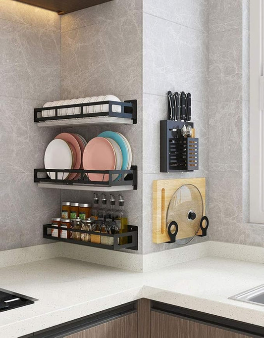 Wall-mounted Kitchen Organizer Set - Plate Rack, Bowl Rack, Pot Lid Holder/Cutting Board Holder, Knife Rack, Spice Rack, Utensil Holder. Choose Your Own Combination.