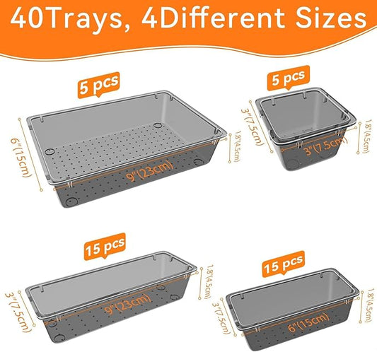 WOWBOX 40 PCS Clear Plastic Drawer Organizer Set, 4 Sizes Desk Drawer Organization and Storage Containers for Makeup, Cosmetics, Jewelry and Gadgets in Kitchen, Bathroom, Bedroom, Office, Clear Black