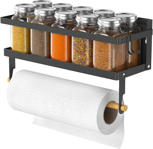Spice Rack Magnetic Shelf, Foldable Refrigerator Magnetic Spice Holder, Wall Mounted Seasoning Organizer Hanging Spice Storage Stand with Paper Towel Holder Roll & Hooks