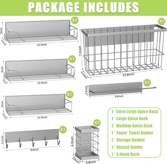 Magnetic Spice Rack for Refrigerator, 7 Pack Magnetic Fridge Shelf for Kitchen Organization Storage, Moveable Spice Organizer W/Paper Towel Holder, Utensil Caddy, Cutting Board Rack (Grey)