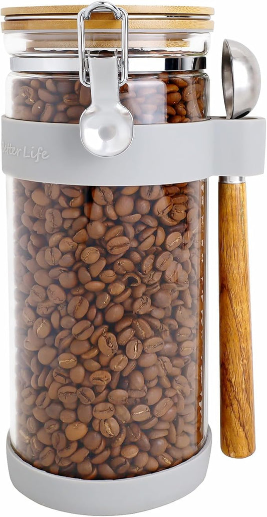 KKC HOME ACCENTS Airtight Glass Coffee Beans Storage Container with Scoop for Ground Coffee or Beans,Air Tight Sealed Glass Jar Canister with Clamp Lid for Loose Tea,Brown Sugar,Nut,50 Fluid Ounce