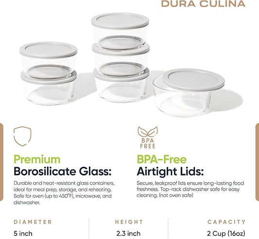 12-Piece Glass Food Storage Containers Set (6 Containers + 6 BPA-Free Lids) | 2-Cup, Leakproof | Microwave, Freezer, Oven & Dishwasher Safe | Ideal for Meal Prep & Pantry Organization