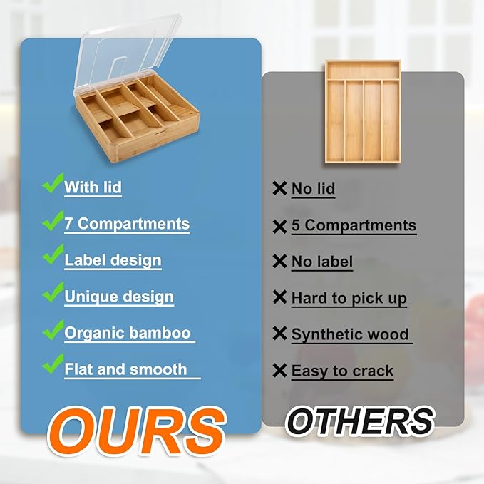 Bamboo Silverware Tray with Lid, 7 Compartments Compact Bamboo Utensil Organizer for Kitchen Drawers Countertop, Dust-proof Sturdy Flatware Organizers and Storage Holder with Labels