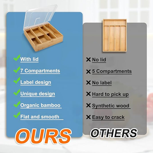 Bamboo Silverware Tray with Lid, 7 Compartments Compact Bamboo Utensil Organizer for Kitchen Drawers Countertop, Dust-proof Sturdy Flatware Organizers and Storage Holder with Labels