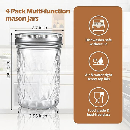 12 oz/350 ml Clear Glass Storage Canister with Airtight Lid, 4 Pack Cute Decorative Mason Container Jar for Salad, Overnight Oats, Snacks, Yogurt, Cereal, Fruit, Spice, Sugar, Coffee