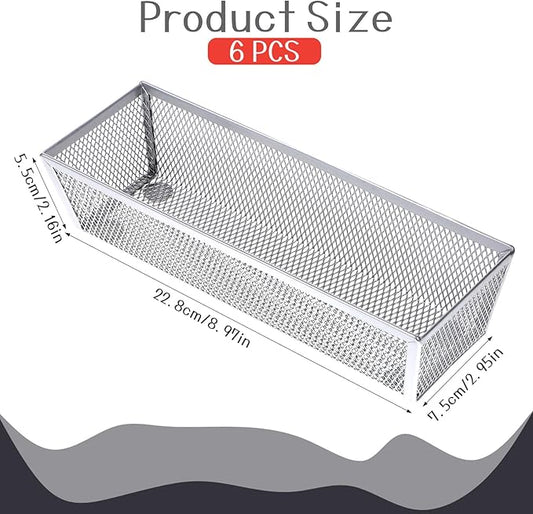 6 Pack Silverware Organizer, Mesh Small Utensil Drawer Organizer Silverware Holder for Kitchen Drawer, Metal Narrow Cutlery Drawer Organizer for Flatware, Knives, Spoons Storage 3x9x2 Inch