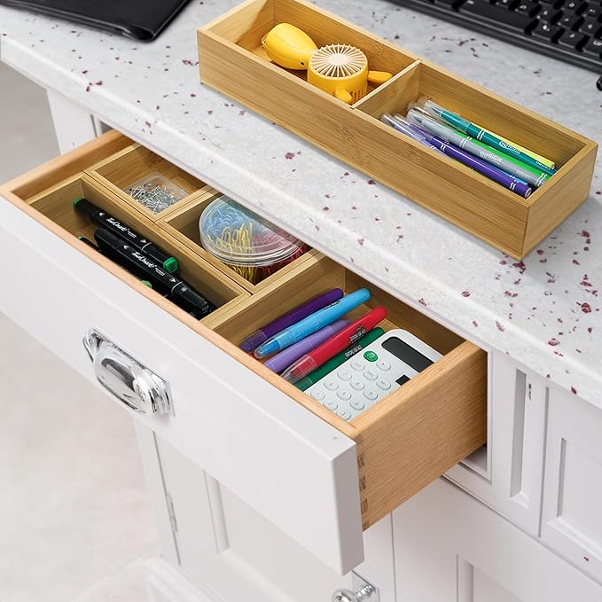 5 Pieces Bamboo Drawer Organizer, Multi-Use Individual Junk Tea Storage Drawer Tray Set with Removable Dividers, Adjustable Cutlery Utensils Holder Bin for Kitchen, Office, Bathroom