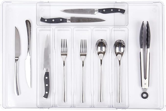 Expandable Kitchen Drawer Organizer - Clear Acrylic Adjustable Silverware Organizer - Utensil Holder and Cutlery Tray with Grooved Drawer Dividers for Flatware (Clear-8 Compartments)