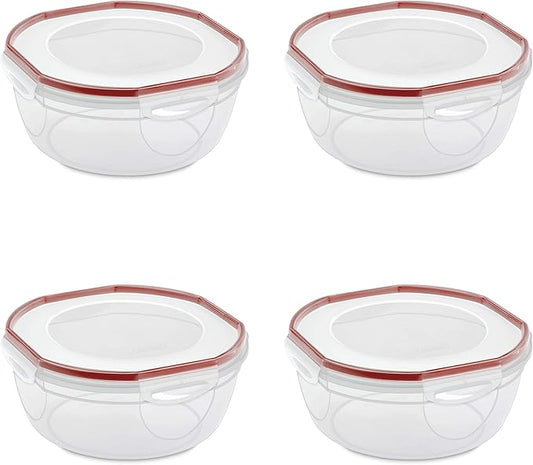 Sterilite Ultra-Seal 4.7 Qt Bowl, Large Airtight Food Storage Container, Latching Lid, Microwave and Dishwasher Safe, Clear With Red Gasket, 4-Pack