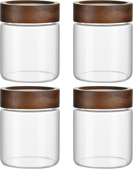 12 oz/350 ml Clear Glass Storage Canister with Airtight Wooden Lid, 4 Pack Small Overnight Oats Containers, Cute Decorative Salad Jar for Snacks Yogurt Spice Sugar Cereal Fruit Coffee Tea