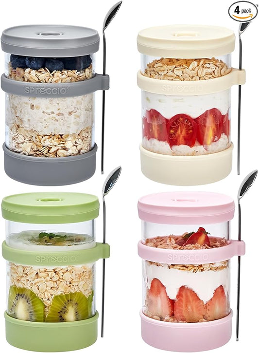 Glass Overnight Oats Containers with Lids of Silicone and Spoon 16 oz [4 Pack], Airtight Overnight Oats Jars with Silicone Lid, For Yogurt Containers Chia Pudding Jars Snack Spice (Multicolored)