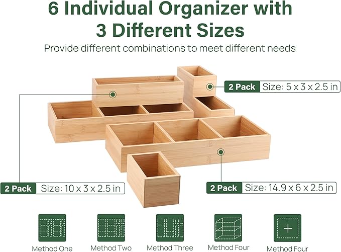 Kootek 6 Pcs Bamboo Drawer Organizer, Kitchen Utensils Storage Boxes 3-Size with Removable Dividers Multi-Use for Gadget, Makeup, Bathroom, Office