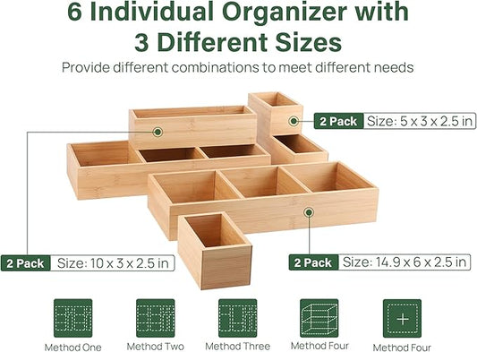 Kootek 6 Pcs Bamboo Drawer Organizer, Kitchen Utensils Storage Boxes 3-Size with Removable Dividers Multi-Use for Gadget, Makeup, Bathroom, Office