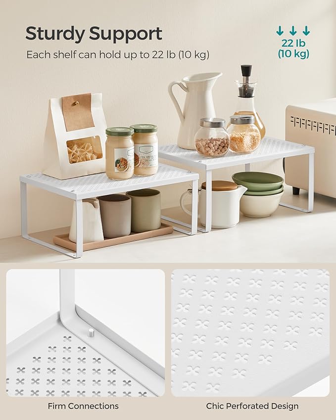 SONGMICS Spice Racks, Cabinet Shelf Organizers, Shelf Organizers, Countertop Organizers, Shelf Risers, Stackable, Expandable, Set of 4 Metal Kitchen Counter Shelves, White UKCS006W01