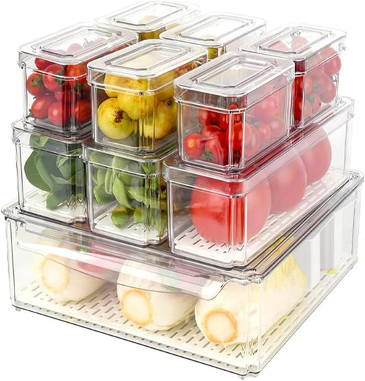 10 Pack Fridge Organizer, Stackable Refrigerator Organizer Bins with Lids, Fruit Storage Containers for Storage Clear for Food, Drinks, Vegetable Clear Plastic Fridge Organizers Tool Storage