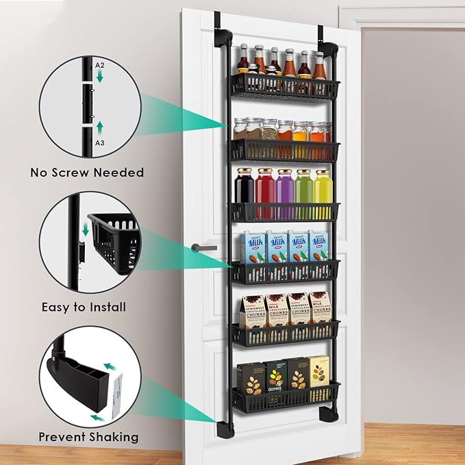 Pantry Door Organizer, 6-Tier Adjustable Over the Door Pantry Organizer Rack, Heavy Duty Metal Over the Door Spice Rack, Kitchen Pantry Organizers and Storage (7.6" D x 17.91" W x 63.39" H)