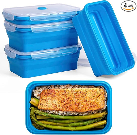 Collapsible Food Storage Containers with Lids, 4 Pack, 40 oz Silicone 1-Compartment Meal Prep Containers Reusable, Lunch Bento Boxes for Adults, Microwave Freezer Dishwasher Safe, BPA-Free, Blue