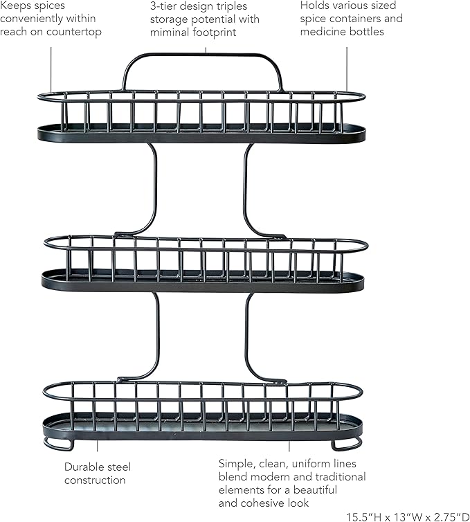 Spectrum Yumi 3-Tier Spice Rack (Black) | Dining Table & Kitchen Counter Organizer, Modern Spice Rack Stand | Yumi Collection