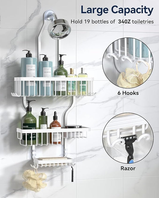 YASONIC Shower Caddy Hanging - Never Rust Shower Organizer - Aluminum over The shower head caddy with 10 Hooks for Razor/Sponge - Shower Rack with Soap Basket - White