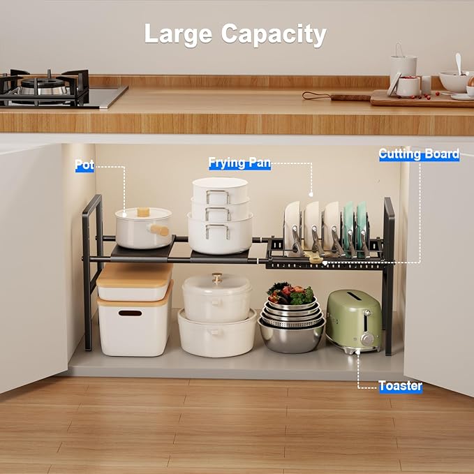 Pots and Pans Organizer Under Cabinet, Expandable 1 Tier Under Sink Organizers and Storage Adjustable Height Kitchen Pot and Pan Lid Holder Rack with 6 Dividers Under Cabinet Shelf(Black)
