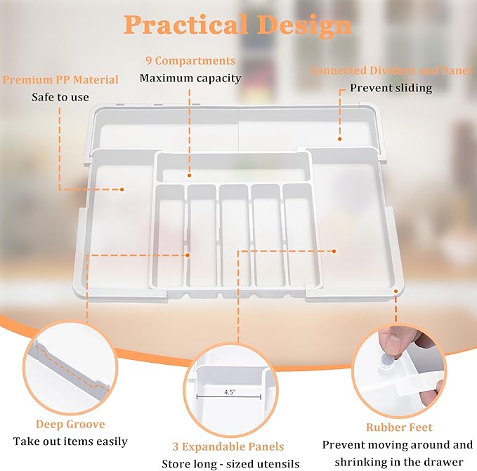 Large Silverware Drawer Organizer Expandable Kitchen Utensil Organizer BPA Free Flatware Cutlery Holder Tray Adjustable Plastic Drawer Divider Storage for Forks Knives 6-9 Slots White