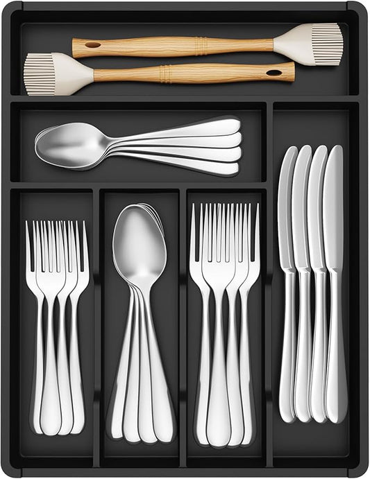 Lifewit Silverware Tray, Deep Wide Cutlery Drawer Organizer Storage for Kitchen, Plastic Flatware Utensil Holder Divider for Spoons Forks Knives Tableware, 6 Compartment, Black