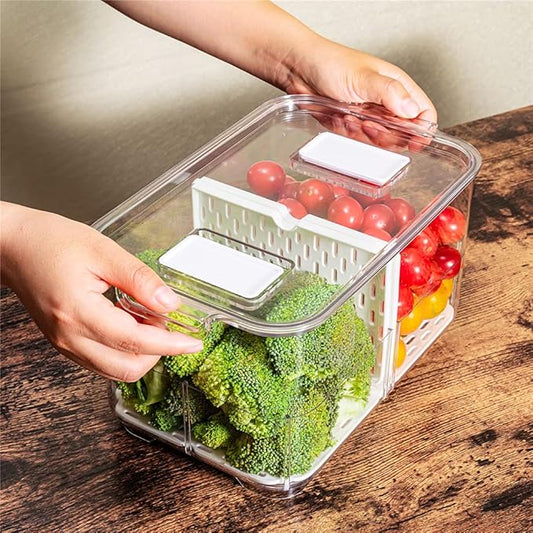 Fridge Produce Saver Containers - Storage Bins for Freezer With Lids and Removable Drain Tray - Fresh Keeper Organizer - 2 Pack