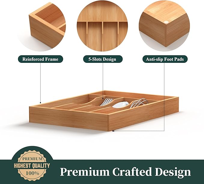 Bamboo Silverware Organizer, Kitchen Drawer Organizer, Utensil Holder, Cutlery Tray & Spoon Flatware Storage with Grooved Drawer Dividers (5 Slots, Natural)