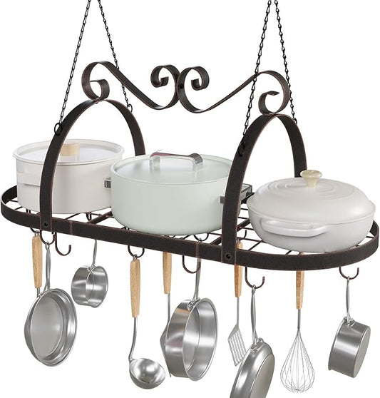 Hanging Pot Rack Ceiling Mount, 33" Metal Ceiling Pan Hanging Rack with 15 S Hooks, Oval Pot and Pan Storage Rack, Decorative Vintage Brown Pot Hangers for Kitchen Organize Utensils Cookware