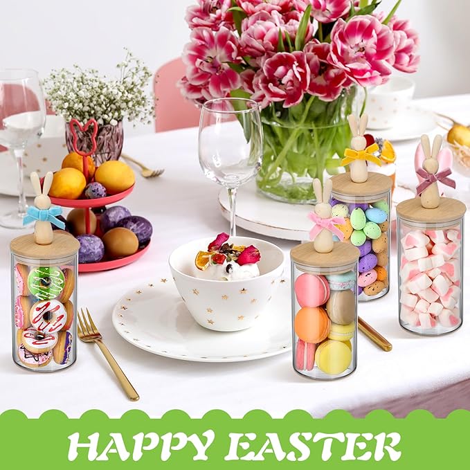 Nitial 4 Pcs Easter Glass Jar with Cap Bunny Ear Egg Clear Candy Jar Decorative Food Storage Canister with Airtight Ceramic Lid for Eater Party Tea Cookie Table Decoration (22 oz,Wooden Rabbit)