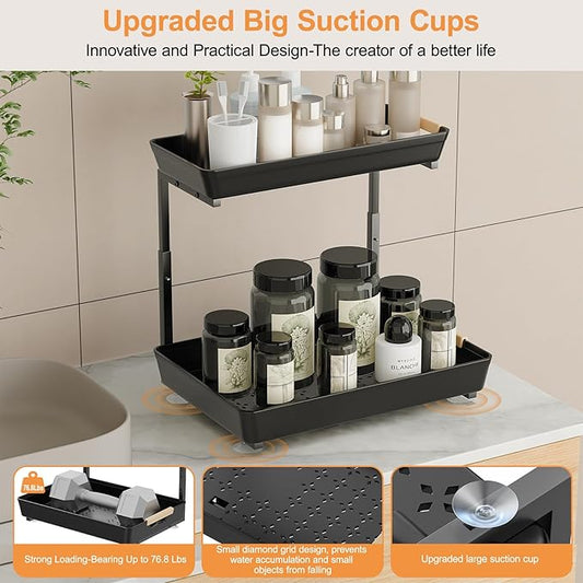 2 Pack Under Sink Organizer Pull 0ut, 3 Height Adjustable Under Kitchen Sink 0rganizer and Storage Black, 2 Tier Double Sliding Drawer Cabinet Organizer for Kitchen Bathroom Pantry