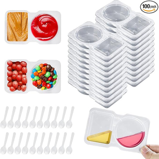 20-Pack Reusable Snack Containers with Lids & Spoons | Double Compartment Condiment Containers | Dishwasher-Safe, Leakproof Snack Box for Lunchables, Sauces & On-the-Go Meals (20)