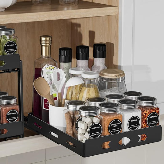 Pull Out Spice Rack Organizer for Cabinet, Heavy Duty-Slide Out Spice Rack, Vertical Spice Rack for Kitchen Cabinet and Pantry (8.4''Wx10.5''Dx2.8''H, Metal Black)