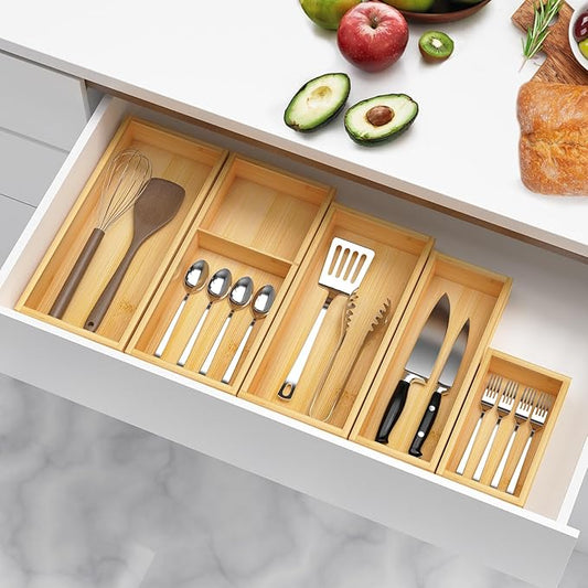Bamboo Drawer Organizer Boxes Set, 5-Piece Multi-use Drawer Dividers Storage Trays for Kitchen Utensils, Makeup Jewelry, Office Supplies