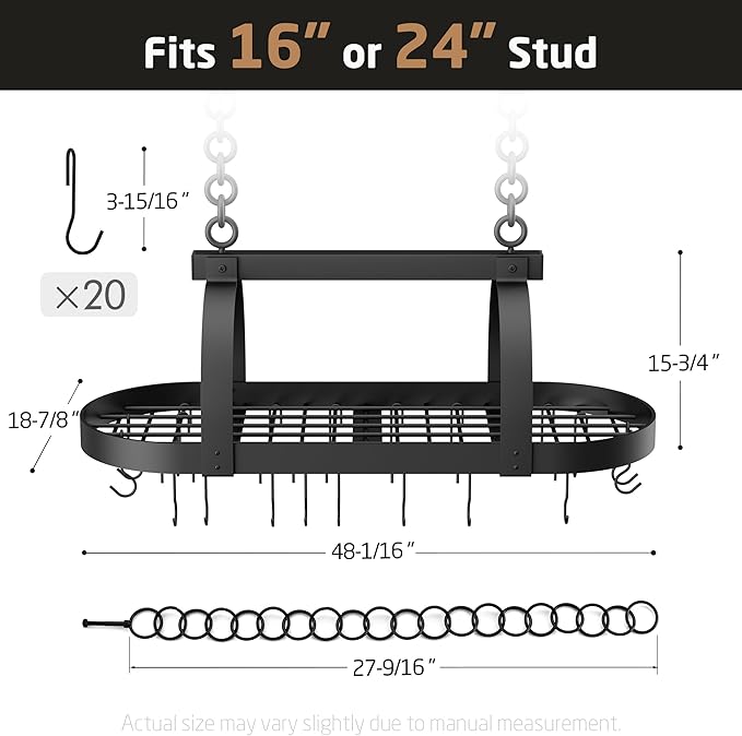 KES 48 Inch Large Hanging Pot Rack, Heavy Duty Oval Pot and Pan Hanging Rack Ceiling Mount, Pot Pan Hangers for Kitchen with 20 Hooks, Matte Black, (For 16" and 24" Stud Mount), KUR225S122-BK