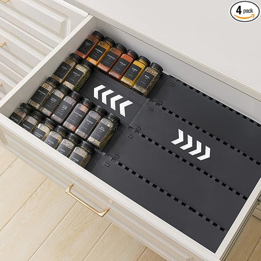 4-Tier Spice Drawer Organizer - 4 Pack Expandable Seasoning Rack (13" to 24.4") for Kitchen Drawers, Organization Insert Tray (Jars Not Included)