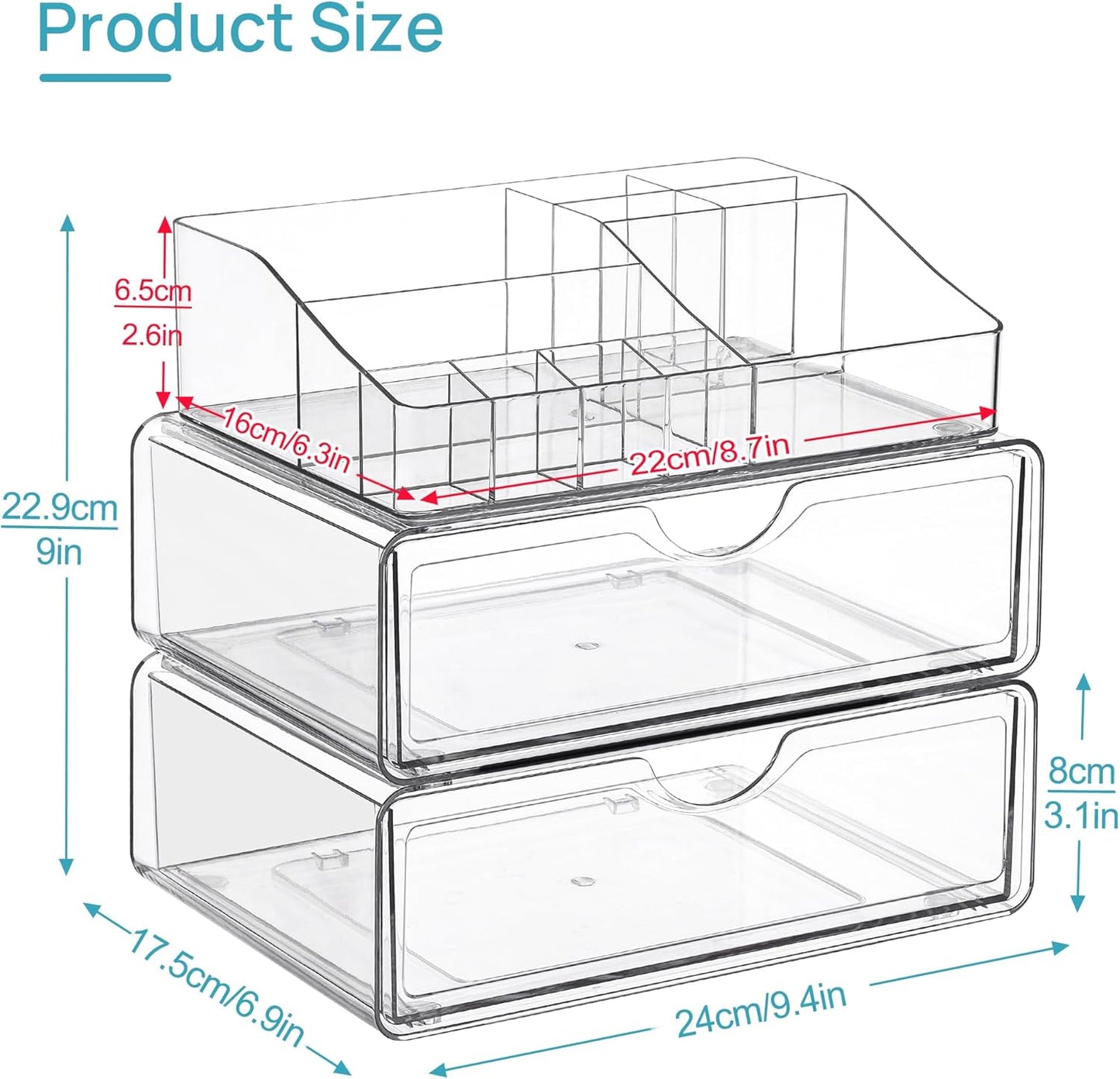Vtopmart 3 Tier Clear Makeup Organizer with Drawer, Cosmetic Storage for Dresser Countertop and Bathroom Vanity, Beauty Holder for Lipstick Brush Skincare