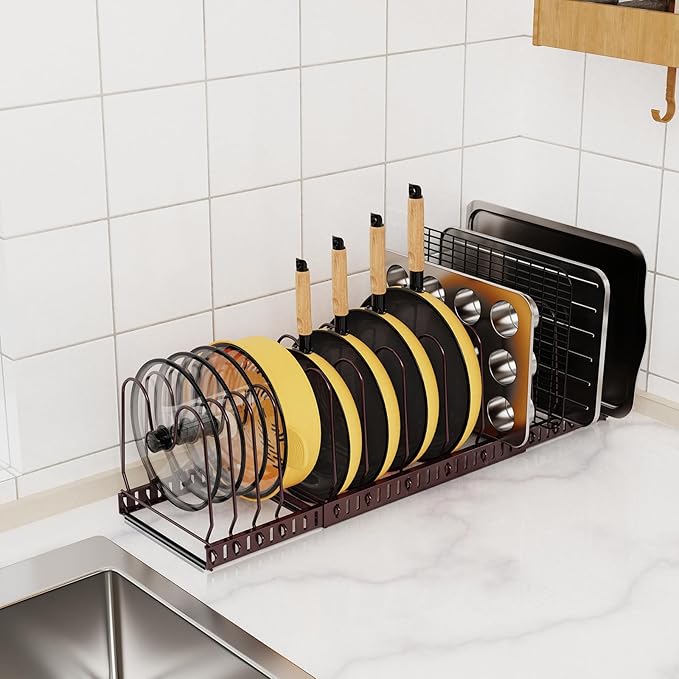 Pot And Pan Organizer Under Cabinet, Expandable Pans and Pots Organizer Rack Pot Lid Holder Shelf with 12 Different Size Dividers (12 Brackets-Brown)