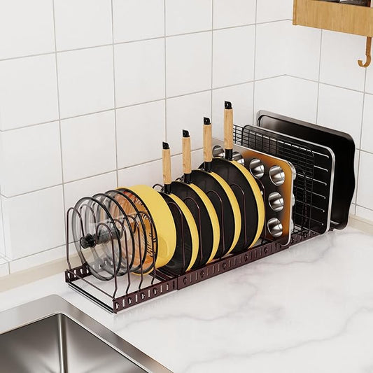 Pot And Pan Organizer Under Cabinet, Expandable Pans and Pots Organizer Rack Pot Lid Holder Shelf with 12 Different Size Dividers (12 Brackets-Brown)