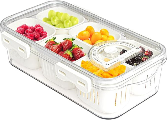 MANO Serving Trays for Party Divided Veggie Tray with Lid Sealed Sectioned Fruit Snack Serving Platter Vegetable Storage with 6 Compartments Snackle Box Charcuterie Container Fridge Organizer