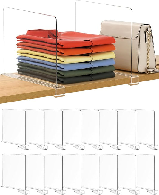 16 Pack 12 Inches [Extra Tall Version] Clear Shelf Dividers for Organization, Acrylic Closet Shelf Vertical Shelves Organizer for Bedroom, Kitchen and Office