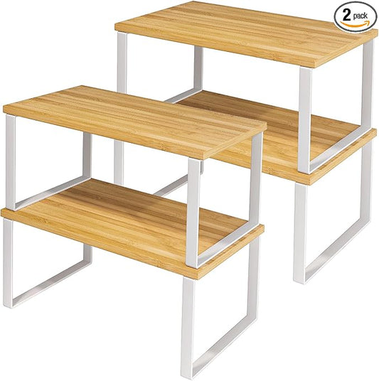 SUYU Set of 4 Kitchen Cabinet Organizer Shelf,Bamboo Spice Rack,Space-Saving Countertop Organizer for Kitchen, Office, or Closet, Stackable and Nesting Shelves,White and Natural SCW202B