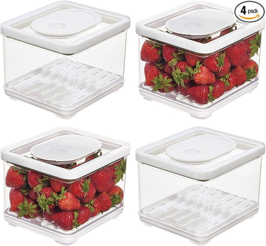 iDesign Fridge Produce Bin with Removable Drainage Tray and Lid - Set of 4 - Clear
