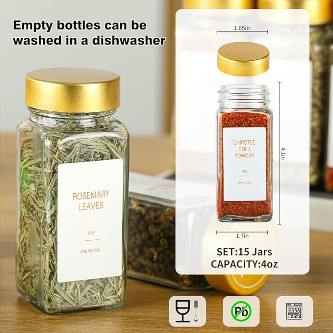 Gold Spice Jars with Label，4oz Seasoning Containers, Glass Spice Bottles with Shaker Lids,Funnel, Chalk Pen for Cabinet，Drawer，Rack (36)