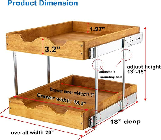 DINDON 2 Tier Pull Out Cabinet Organizer (20" W x 18" D) Double Tier Slide Out Wood Drawer Under Cabinet Storage And Organization…