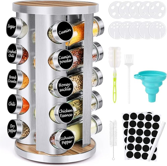 Spice Rack Organizer with Jars for Cabinet (20Pcs) Revolving/Rotating Seasoning Organizer, Stainless Steel/Wooden Countertop Rack Tower Organizer for Kitchen Pantry with Reusable Labels/Funnel/Brushes